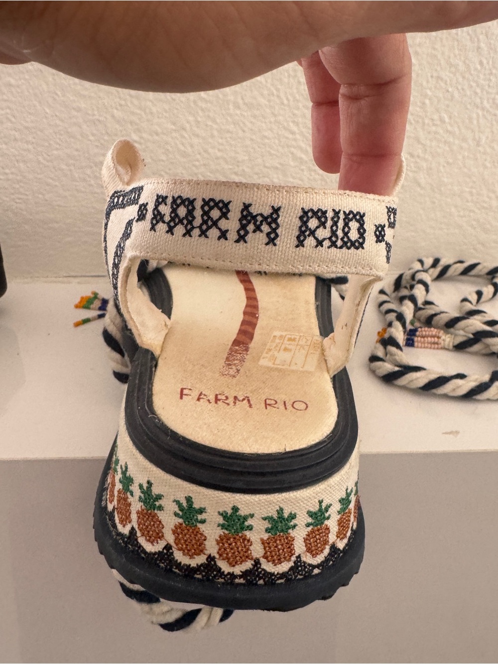 FARM Rio Cream and Navy Embroidered Platform Sandals with Pineapple Trim - Picture 8 of 9